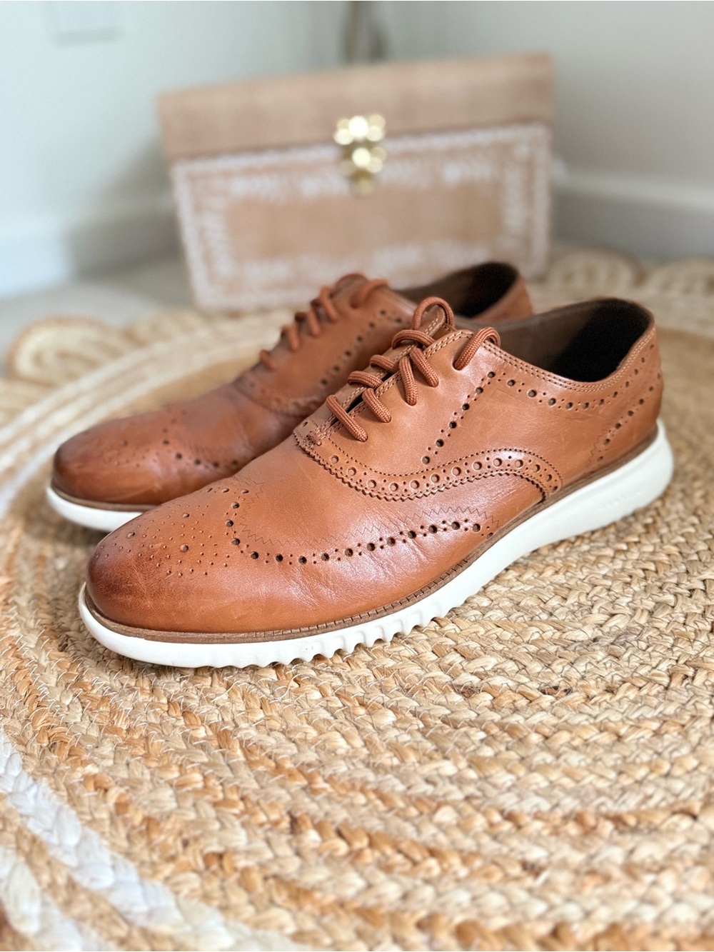 🌾 Cole Haan Brown Leather Zero Grand Wingtip Oxfords with White Sole